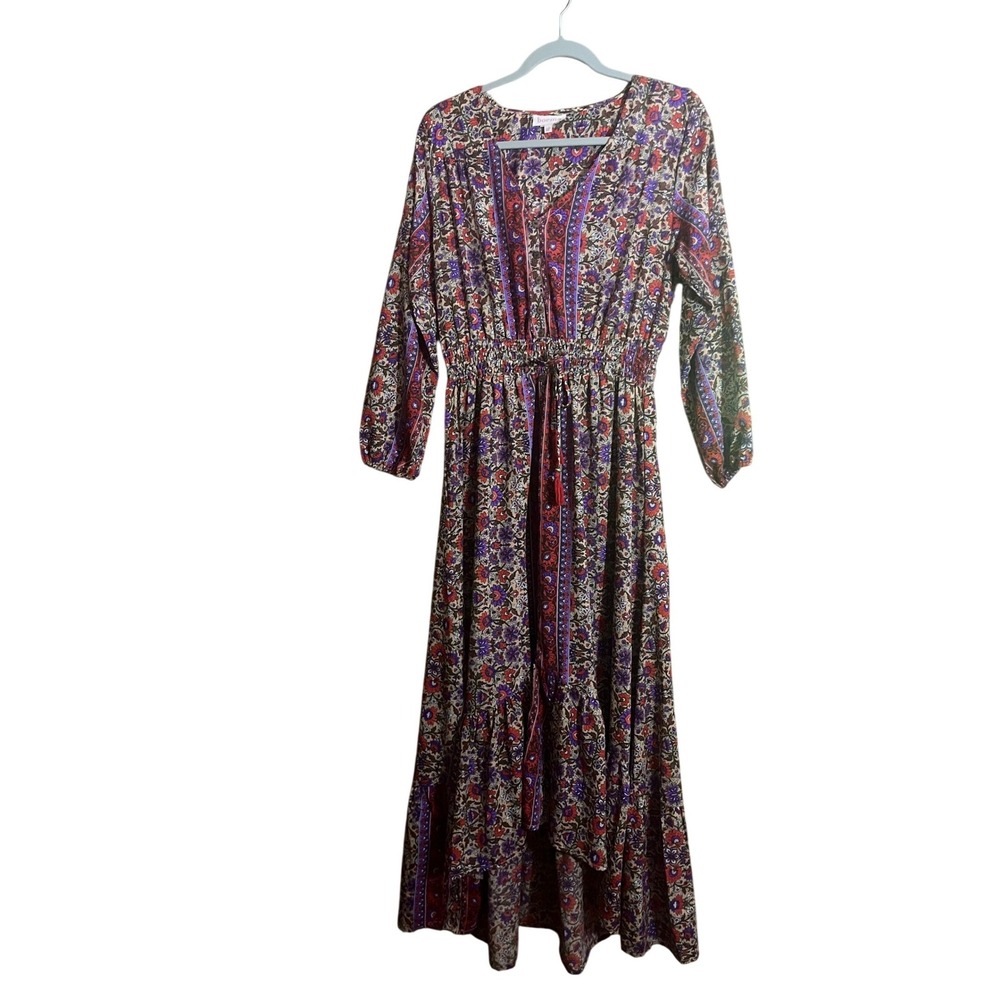 Boemo Womens MP Petite Floral Paisley Boho Maxi Dress Long Sleeve Smocked Waist